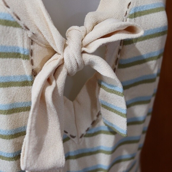 Nanette Lepore Cream Green Blue Stripe Sleeveless Bow Top Large Soft Chic Style - Picture 3 of 16